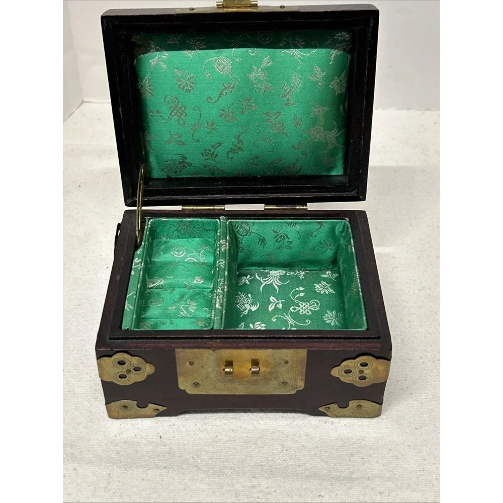 Vintage Jewelry Box Asian Oriental Chinese Ornate Brass Wood Jade Like Carving
